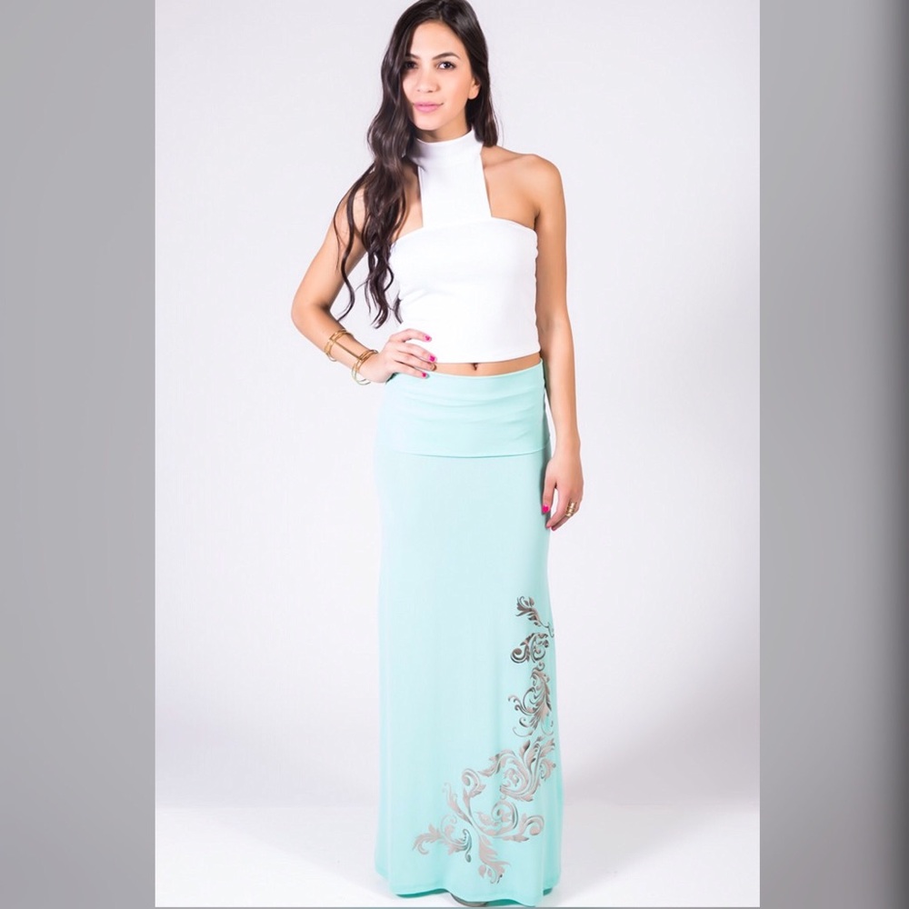 ⭐️HP⭐️Mint/Green Metallic Print Foldover MaxiSkirt - Picture 6 of 7